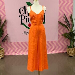 Boden Orange Linen-Blend Wide-Leg Jumpsuit